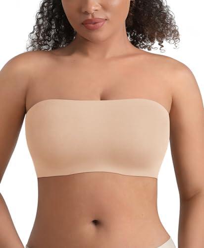 FeelinGirl Strapless Bra for Women No Underwire Seamless Padded Anti-Slip Tube Top Bandeau Bra Smoothing Comfy Bralette L