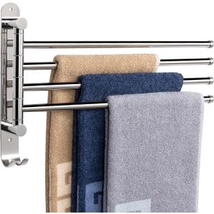 NearMoon Swivel Towel Rack, 13.8" Thicken 304 Stainless Steel 4-Arm Towel Bar, Space Saving Wall Mounted Towel Holder with Hook, Rustproof Swing Out Towel Hanger for Bathroom, Kitchen (Chrome Finish)