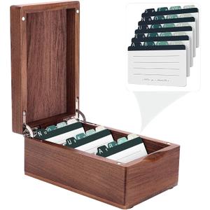 MaxGear Business Card Holder for Desk, 2.2" x 3.5" Walnut Wood Business Card Organizer, Index Cards Box Holds 300 Cards, 3 Divider Boards, Includes A-Z Tabs, Desktop Organizers for Office & Home