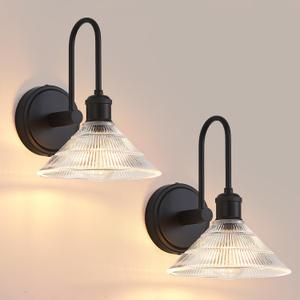 Wall Sconce Set of 2, Black Vintage Light Fixtures with Round Clear Glass Lampshade, Hardwired Sconces Wall Lighting for Bedroom, Bathroom, Living Room | Includes 2 LED Bulbs