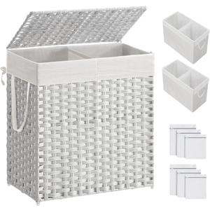 SONGMICS Laundry Hamper with Lid, 110L Clothes Hamper with 2 Removable Liner Bags, 6 Mesh Bags, Wicker Laundry Basket, Double Laundry Hamper for Laundry Room, 13 x 22.4 x 23.6 Inches, White ULCB52WT