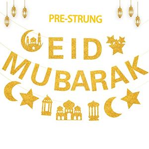 Glitter Eid Mubarak Banner with Gold Moon Star Eid Hanging for Islam Party Decorations No DIY Required