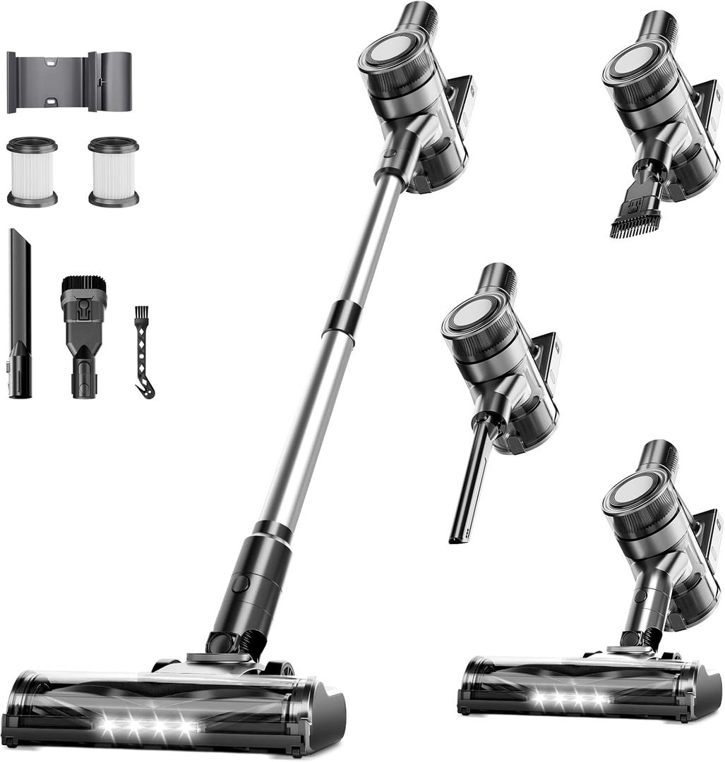Cordless Vacuum Cleaner, 35Kpa Vacuum Cleaner for Home, 45Mins Stick Vacuum with LED Display, Anti-Tangle & Wall Mount Charging, 6 in 1 Lightweight Vacuum for Hard Floors, Carpet, Pet Hair (black)