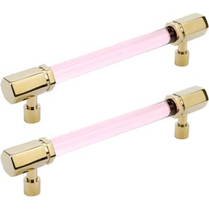 Antrader Pink Crystal Cabinet Pulls,4Pcs Drawer Pulls Kitchen Cabinets Handles Pink and Golden Crystal Handles with Brass Base for Cabinets 5 Inch(132mm) Hole Distance