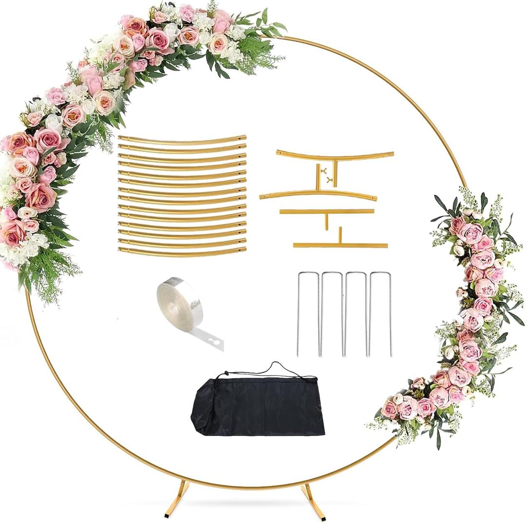 6.6FT Balloon Arch Stand Metal Round Backdrop Stand Circle Balloon Arch Frame Wedding Arches with Storage Bag for Ceremony Birthday Party Baby Shower Decoration (Gold)