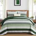 DJY Striped Quilt Set King Size, Green Boho Bedspread Set 3 Pieces Patchwork Coverlet Bedding Set Lightweight Soft Microfiber for All Season  36x20 in, blanket L98 , Green