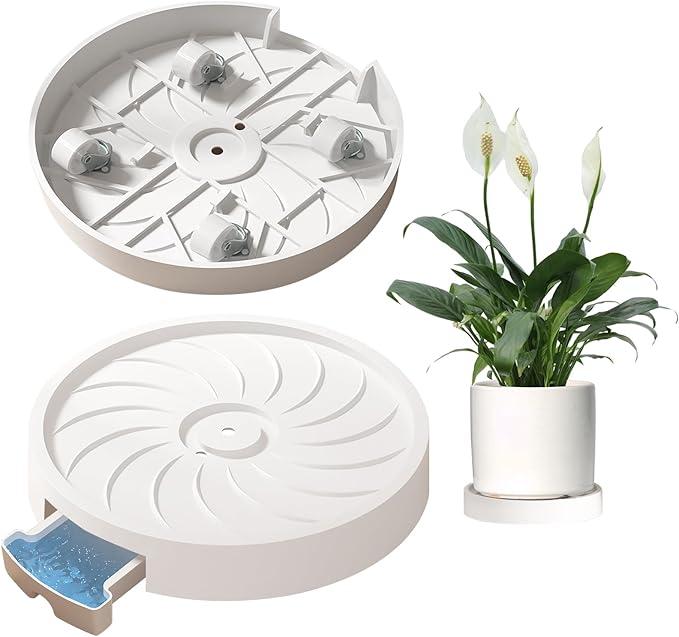 MCleanPin 2 Pack Plant Caddy with Hidden Wheels, 11" Heavy Duty Rolling Plant Stand with Removable Drainage Tray and Silent Casters Round Flower Pot Mover Planter Dolly for Indoor Outdoor White