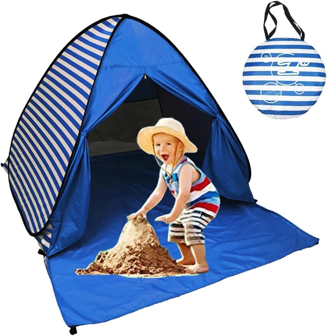 Pop Up Beach Tent Shade Sun Shelter UPF 50+ Canopy Cabana 2-3 Person for Adults Baby Kids Outdoor Activities Camping Fishing Hiking Picnic Touring(Dark Blue Stripes), 64.9 inches x 59 inches x 43.3 inches