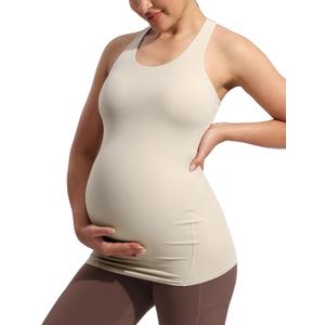POSHDIVAH Women's Maternity Tank Tops with Built in Bra Padded Sleeveless Pregnancy Yoga Tee Workout Shirt Clothes (Large, Khaki)