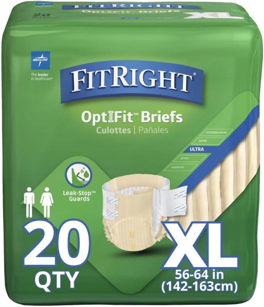 FitRight Adult Diapers, Ultra Heavy Absorbency, XL (Waist Size 56in-64in), 80 Count, OptiFit Incontinence Briefs for Men and Women, Disposable, Moisture-Wicking, Leak Protection