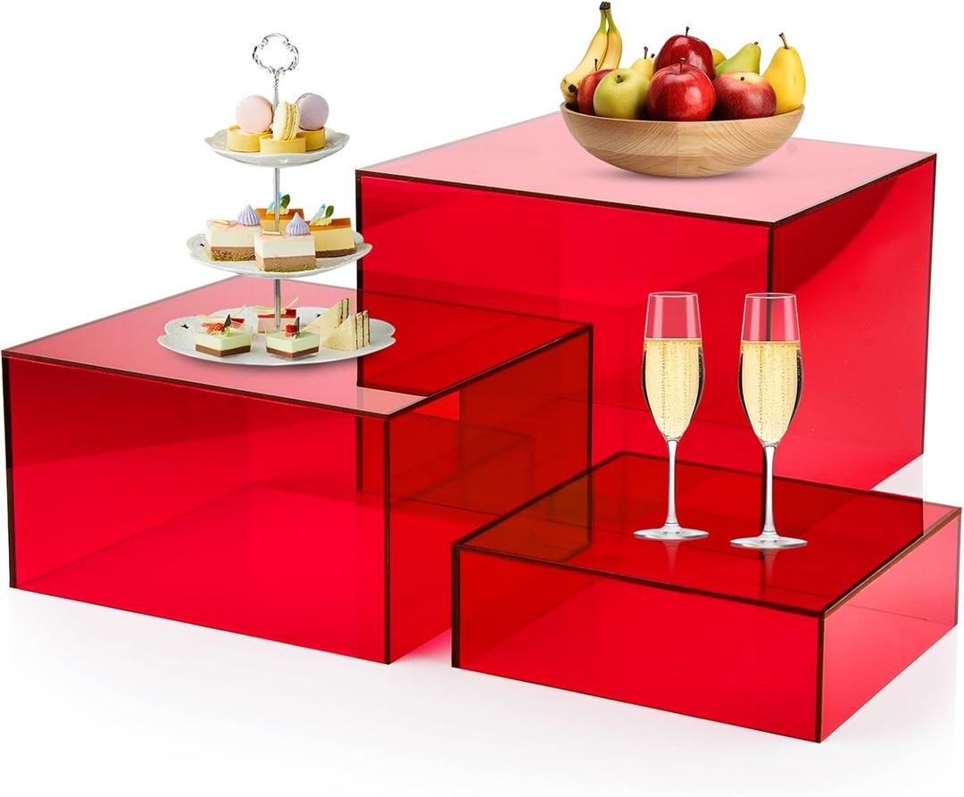 Bouiexye 3Pcs Red Buffet Risers Acrylic Boxes Display Food Risers for Buffet Table Platter Parties Weddings Catering Dessert Collectibles Figures Show (6''x7''x8'')