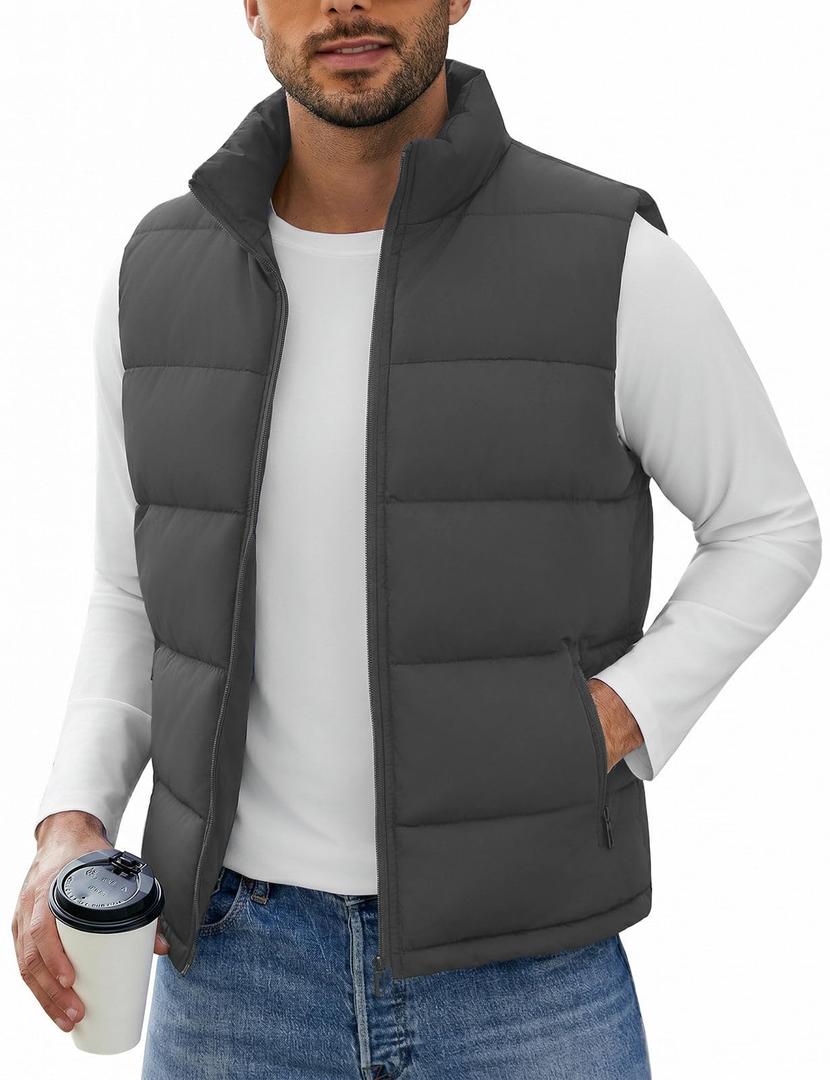 WHN Men's Puffer Vest Outerwear Winter Zipper Quilted Puffy Sleeveless Jacket Outdoor Dark Grey 2XL