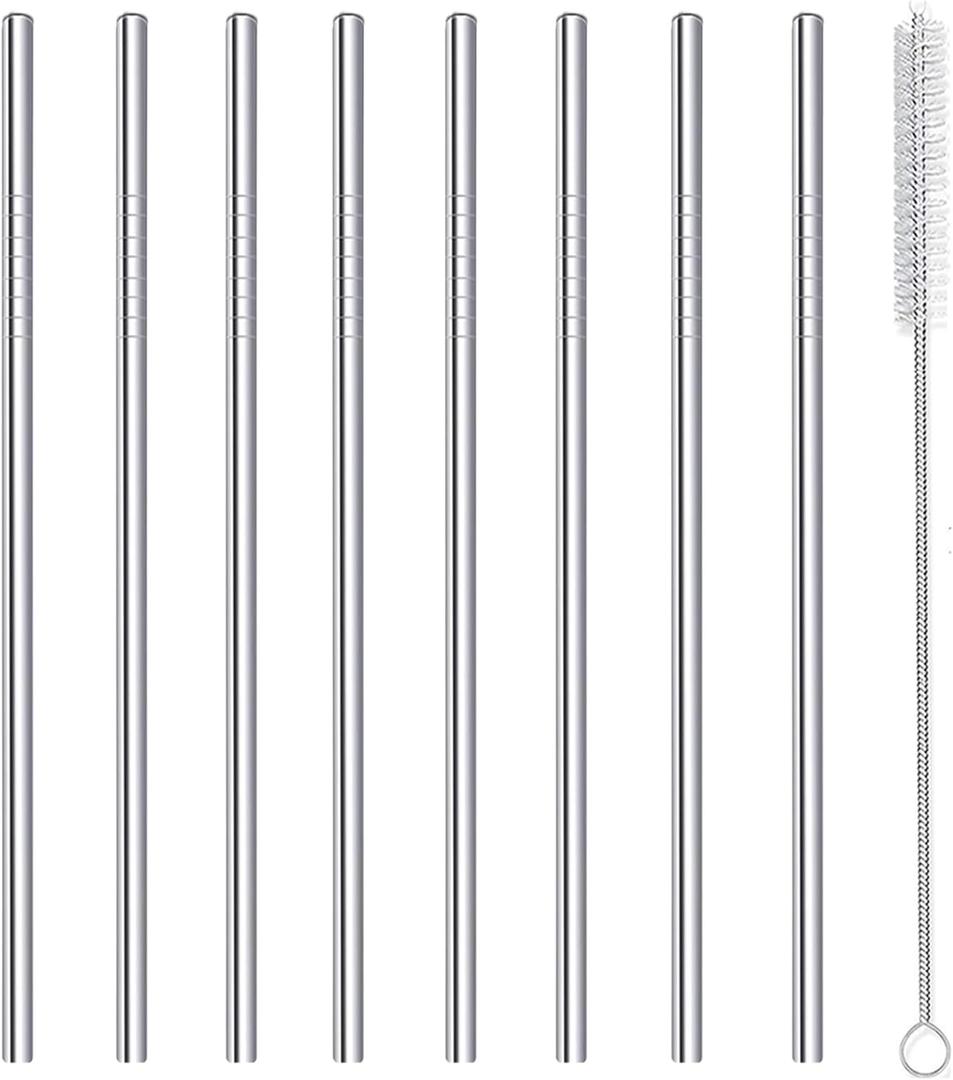 Stainless Steel Straws Metal Reusable Drinking Straw for Juice Iced Coffee Cold Beverage Water Highball Glasses 20oz Tumblers Mugs Cups, 0.24" 6mm Wide 215mm Long, Set of 8 with Brush, Silver (0.24" Width x 8.46" Length)