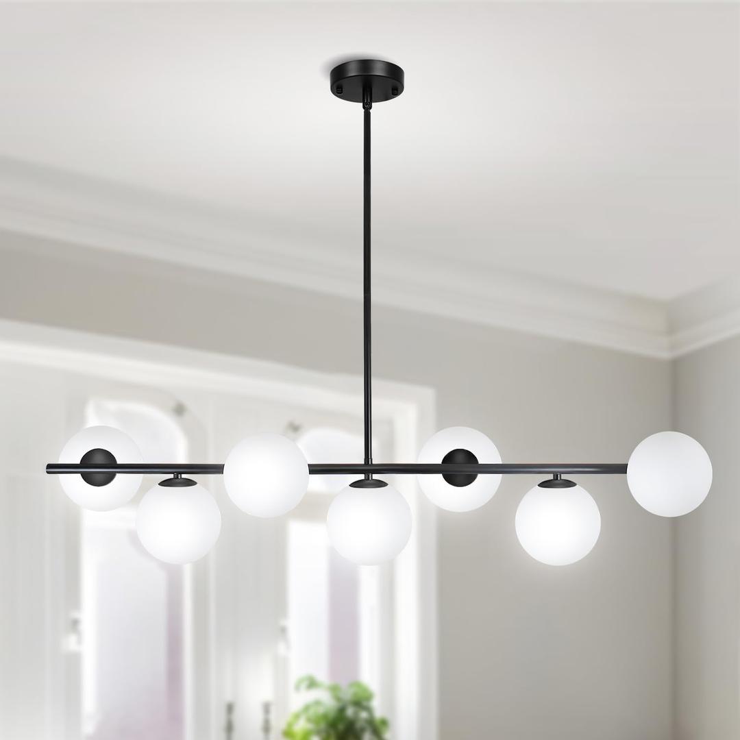 Modern Linear Chandelier 7-Lights Mid-Century Globe Ceiling Light Fixture Glass Pendant Lighting Black Linear Light for Kitchen Island Bedroom Foyer Living Dining Room Over Table