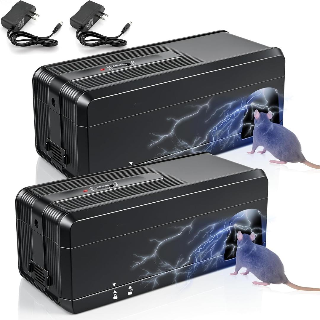2-Pack Electric Mouse Traps Indoor for Home, No-Touch Rat Trap with Powerful Voltage for House, Kitchens, Garages, Living Rooms, Reusable Rodent Trap Zapper for Rats, Mice, Chipmunks(Black)