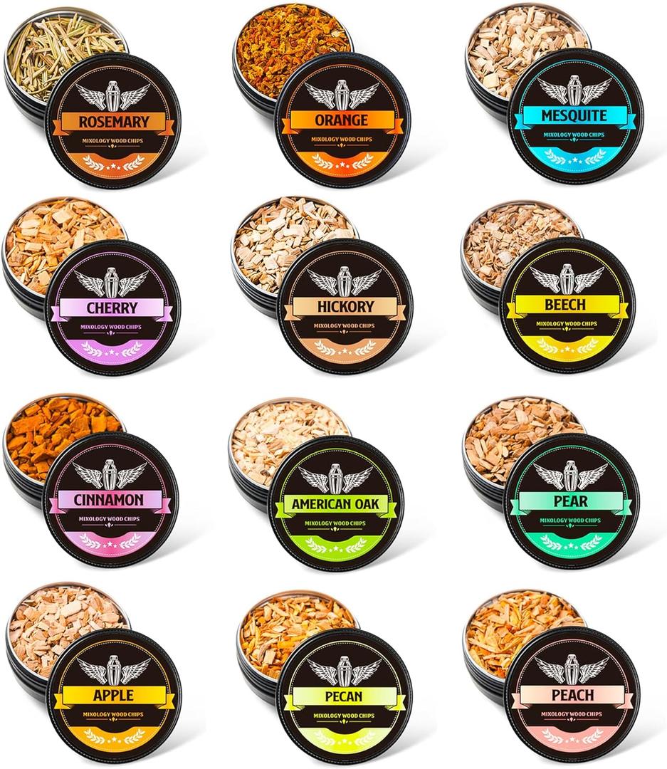 Natural Wood Chips for Cocktail Smoker, 12 Flavors Wood Chips Including Apple,Cherry,Oak,Mesquite,Pecan,Pear,Peach,Hickory,Beech,Organge, Rosemary,Cinnamon, Gifts for Men,Dad,Husband