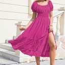 Linsery Women's Summer Square Neck Short Puff Sleeve Casual Smocked Flowy A Line Tiered Split Midi Dress (Pink, L)