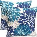 Decorative Throw Pillow Covers Set of 2 Blue Pillow Covers 18x18 Inch Couch Pillow Covers for Sofa Living Room Outdoor Throw Pillow Cover Linen Square Floral Flower Farmhouse Pillowcase