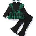 XUANHAO 18 Months Girl Clothes Fall Winter Toddler Girls Clothes 24 Month Cute Christmas Long Sleeve Green Plaid Ruffle Bow Knot Tops Flare Pants Set+Headband 3PCS 18-24 Months Girl Clothing