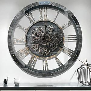 27" Real Moving Gears Large Wall Clock with Toughened Glass Cover, Giant Wood Farmhouse Clock, Oversized Vintage Industrial Rustic Clock for Living Room Decor Home Kitchen (Carbon Grey)