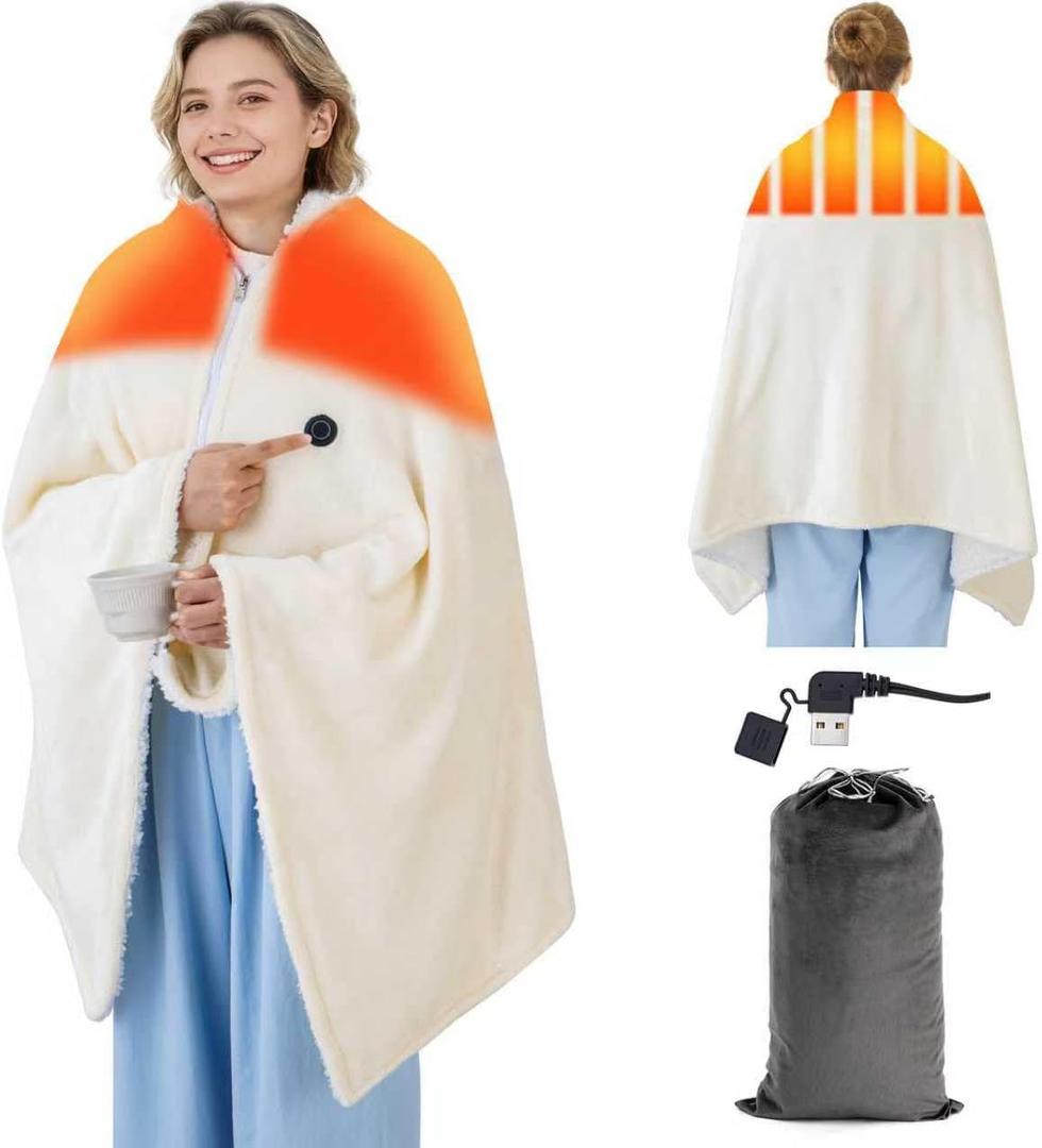 USB Heated Blanket for Keeping Warm, Cordless Wearable Throw with 3 Heat Levels, Battery Operated(No Power Bank Included) Shawl for Outdoor Use(White)