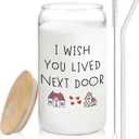 I Wish You Lived Next Door Glass Cup Lids and Straws 14oz, Best Friend Bestie BFF Gifts for Women, Friendship Gifts Glass Iced Coffee Tumbler Drinking Jars with Cleaning Brush