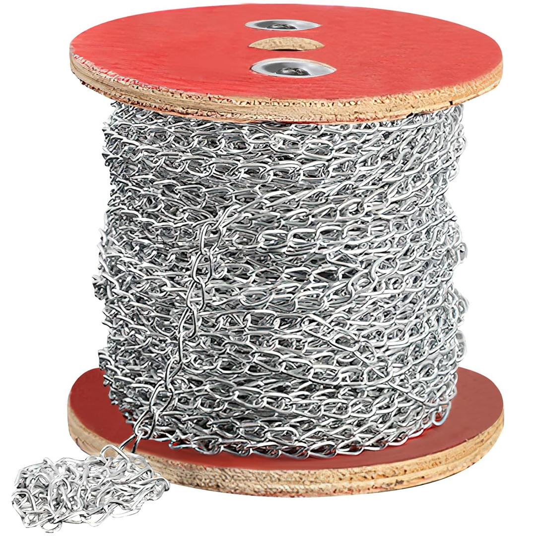 AIHSUMC 150ft Jack Chain, Galvanized Steel Link Chain with Spool Strong Heavy Coil Chain Hanging Chain Metal Light Fixture Chain for Feeders, Overhead Lights, Flowerpots, Pet Towing, 1.4mm