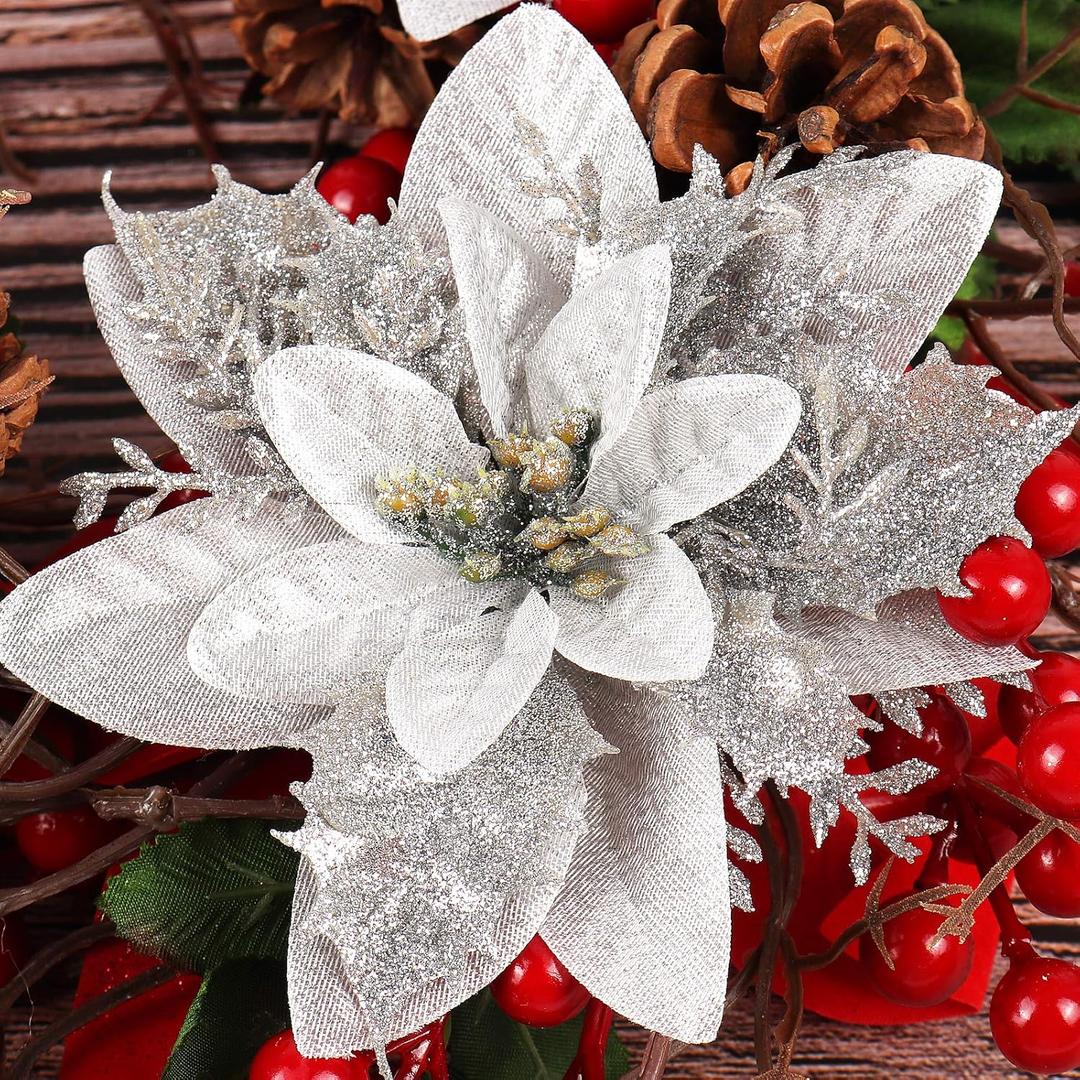 RECUTMS 10 Pcs Christmas Glitter Artificial Poinsettia Flowers 6inch Christmas Wreath Christmas Tree Flowers Ornaments Holiday Seasonal Decorations (Silver, 6inch) (Sliver1)
