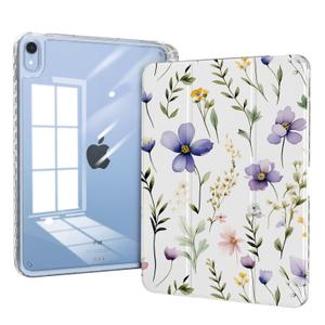 Slim Trifold Case for ipad 10th Generation 10.9 inch A14 2022 with Pencil Holder, ipad 11th Gen Case 11 inch 2025 A16, Shell Shockproof Clear Transparent Back Cover, Auto Wake/ Sleep, Purple Floral