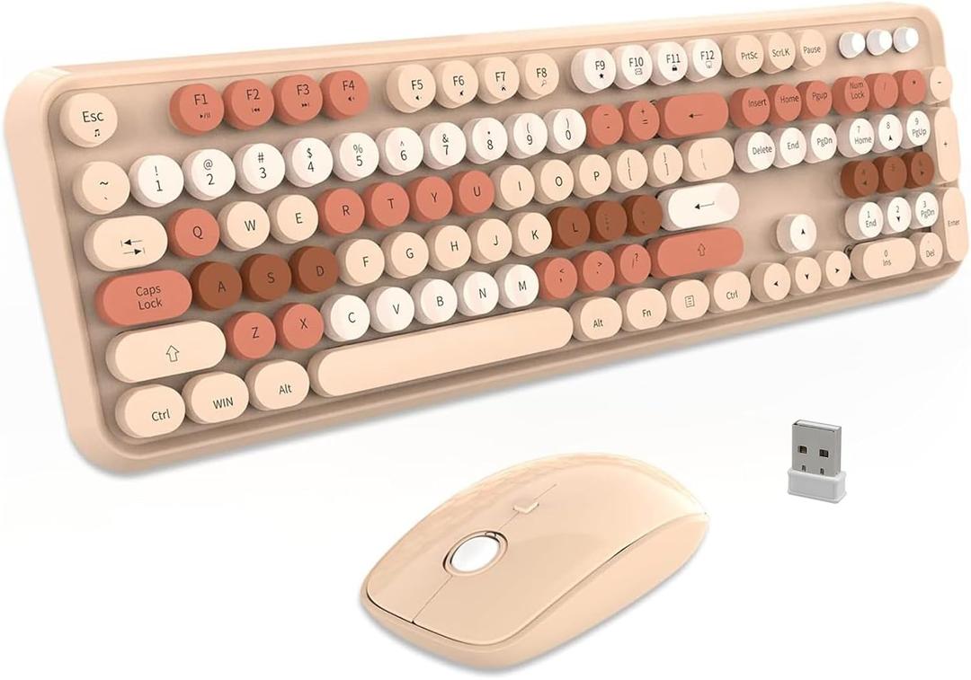 FD Wireless Keyboard and Mouse Combo | Cute Colorful Keyboard and Mouse with 2.4GHz Cordless Retro Typewriter Keyboard | Auto-Sleep | USB Receiver for Windows PC/Laptop - Creamy Colorful
