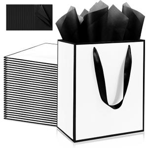 Addblu 28 Pack Bulk Luxury Gift Bags with Handles, Medium Size 9x7x3.15 Inches - Includes 28 Tissue Papers for Wedding, Birthday, Baby Shower, Easter, Mother's Day & Party Favors (White with black border)
