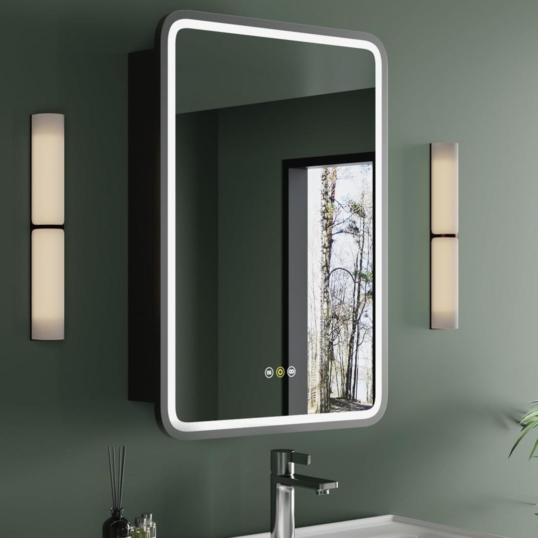 Medicine Cabinet with LED Lights and Mirror, 20W x 28H Inch Wall or Recessed Mounted Bathroom Cabinet with Right Hinge, Storage Shelf, Defogger, Memory Function, 3-Color Mode, Dimmer, Black