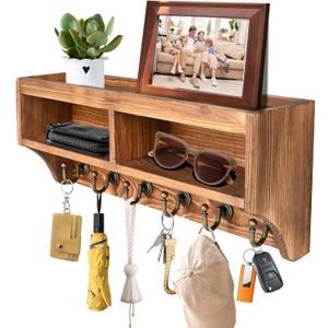Key Holder Wall Mount - Mail Organizer Wall Mount with 6 Key Hooks and Storage Box for Sunglasses Storage and Dog Leash Holder Home Decor Rack Apartment Essentials Farmhouse Shelf Entryway Organizer (Brown)