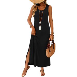 WIHOLL Maxi Dress Summer Dresses 2026 Beach Vacation Clothes Sleeveless Sundresses with Pockets Boho, L