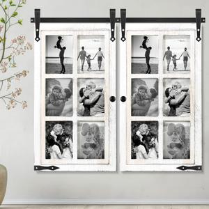 Sintuff 2 Sets Picture Frame Collage Fit 5x7 Photo Multi 6 Opening White Wooden Barn Door Window Farmhouse Picture Frame Collage for Living Room Bedroom Wall Decor