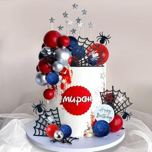 DRWATE Spider Cake Topper with Spider Web Balls Stars for Boys Men Birthday Party Baby Shower Supplies (Spider)