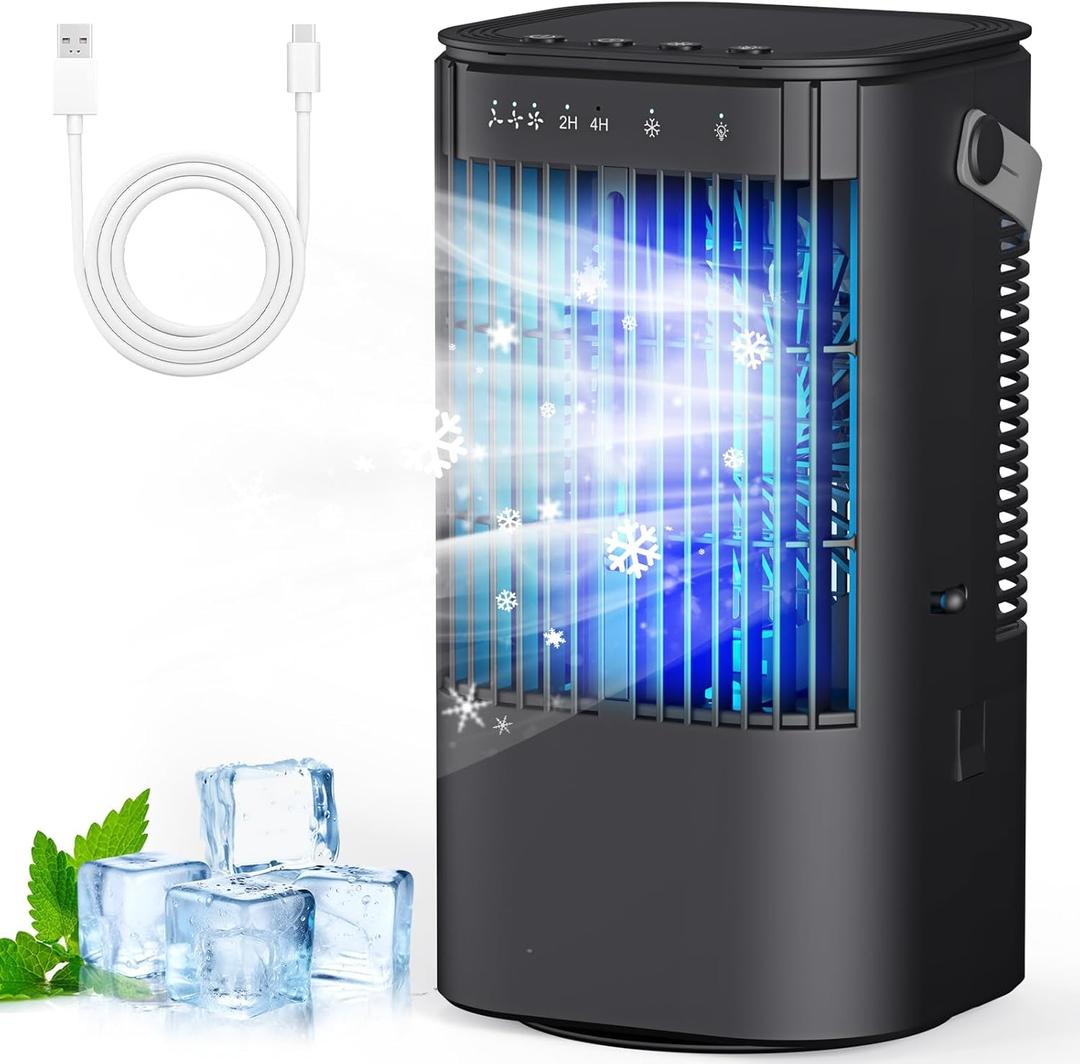 Portable Air Conditioners, 4-in-1 Mini Air Conditioner, Small Air Conditioner with 1000ml Water Tank, 3 Speeds, Adjustable Wind Direction, 7 Color Lights, Suitable for Offices, Bedrooms, Camping