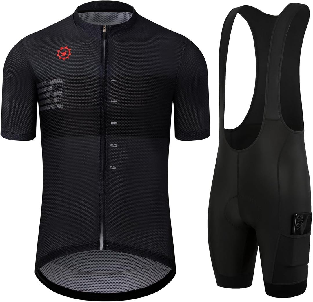 GCRFL Men's Cycling Jersey Sets Road Bike Jersey Riding Shirts Lightweight, Bib Shorts with Pockets Padded (Black), XL