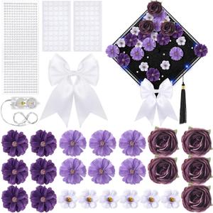 Solsew 50 Pcs DIY Graduation Cap with Lights Decoration Kit Include Artificial Flower String Light Ribbon Bow Pearl Sticker for DIY Cap 2026 Graduation Party(Blue Light, Purple Flower)