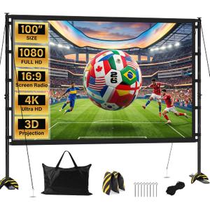 Outdoor Projector Screen with Stand 100 Inch, 16:9 Portable 4K HD Indoor Movie Screen, Large Double-Sided Washable Screen with Carry Bag, Sandbags for Backyard, Camping, Home Theater