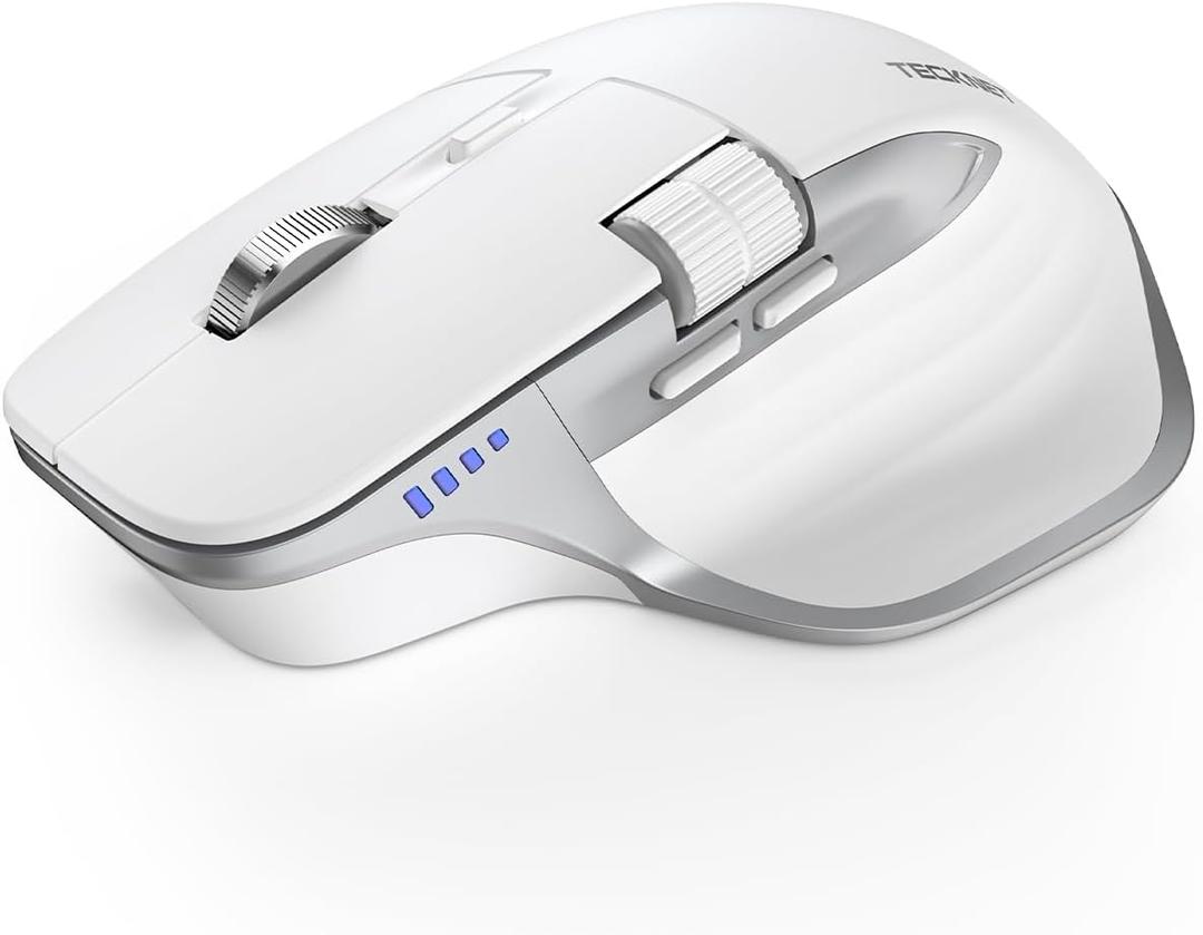 TECKNET Wireless Mouse, Bluetooth Mouse (BT5.0/5.0 & 2.4G) Rechargeable 4800 DPI Ergonomic Optical Mouse with 6 Adjustable, Quiet Clicks, USB A Receiver, 7 Buttons, Wide Compatibility - White