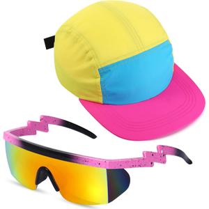 Cindeer 2 Pcs 80s 90s Neon Hat Neon Retro Semi Rimless Sunglasses, 80s Costumes Accessories for Women Men 90s Theme Party (One Size, Yellow Top)