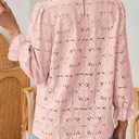 SOFIA'S CHOICE Women's Lace 3/4 Sleeve Shirts Crochet Eyelet Crew Neck Dressy Blouse Sheer Top (Pink, L)