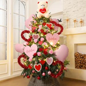 Novabright 33 Pcs Valentines Day Decorations Tree Ornaments Love Bear Tree Topper Red Pink Wooden Heart Hanging Ornaments Pink Rose Pick Balloons Red Tinsel Heart Wreath for Valentine's Day Decor