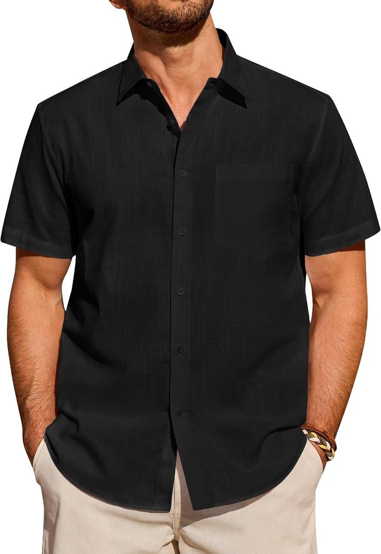 Alimens & Gentle Mens Short Sleeve Cotton Linen Texture Shirt Casual Untucked Button Down Lightweight Shirts Summer Beach (Black, XL)