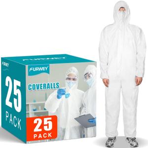 25PACK Disposable Protective Coveralls, Heavy Duty Full Body Painters Suit for Men & Women with Elastic Wrists, Ankles and Hood- Breathable & Waterproof-X-Large
