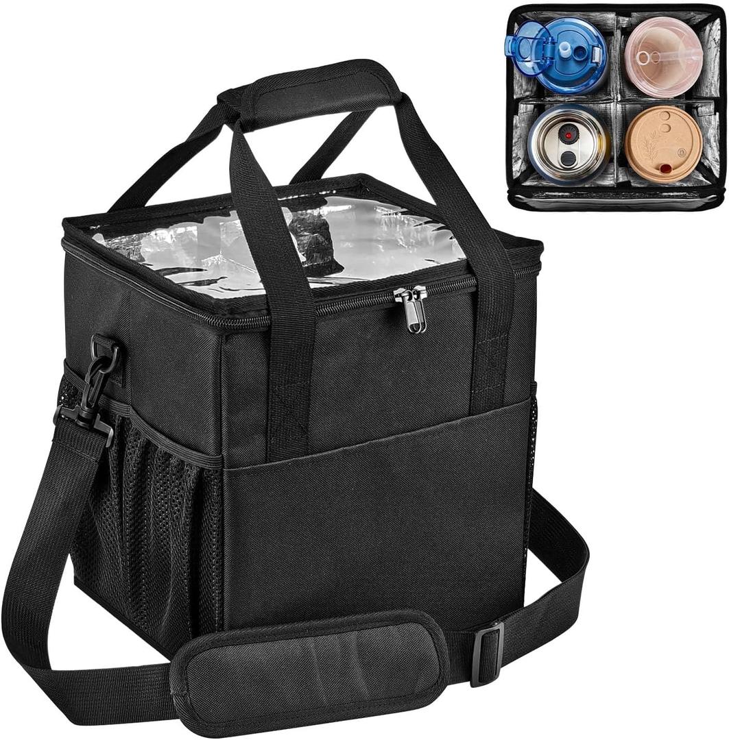 Reusable Drink Carrier with Handle,4 Cup Insulated Portable Coffee Cup Holder Bag with Shoulder Strap Adjustable Dividers Foldable Tray,Water Bottle Caddy,Beverage Drinks,for Porta Vasos Para Delivery