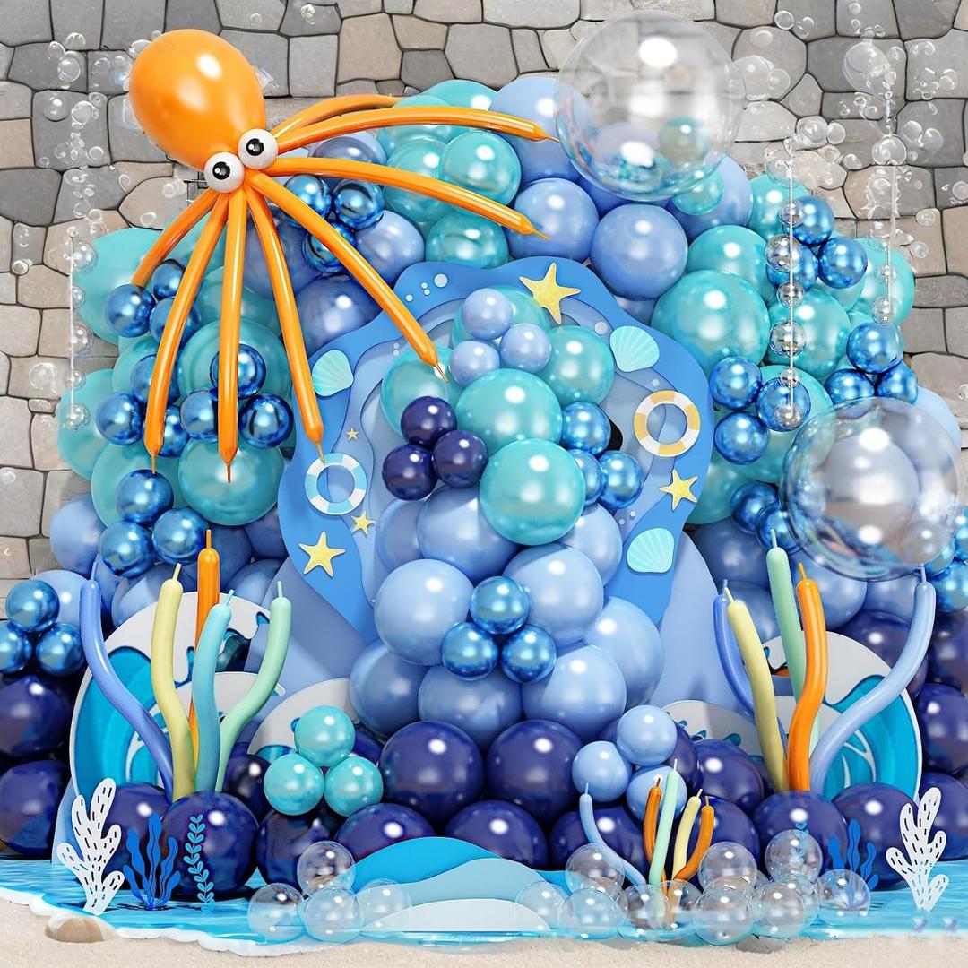 202 PCS Under the Sea Party Decorations Balloons Arch, Teal Blue Balloon Arch Garland Kit, DIY Octopus Clear Balloons Ocean Birthday Party Themed Decoration for Marine Shark Baby Shower Decor