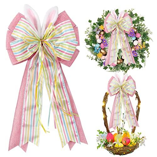 Easter Bows for Wreaths Decorations,Easter Tree Topper Bow,Decorative Bow with Bunny Ears Pink Burlap for Spring Home Front Door Outdoor