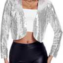 Women's Sequin Shrug Jacket Long Sleeve Open Front Glitter Blazer Bolero Wedding Party Sparkly Cropped Cardigan (Gray, M)